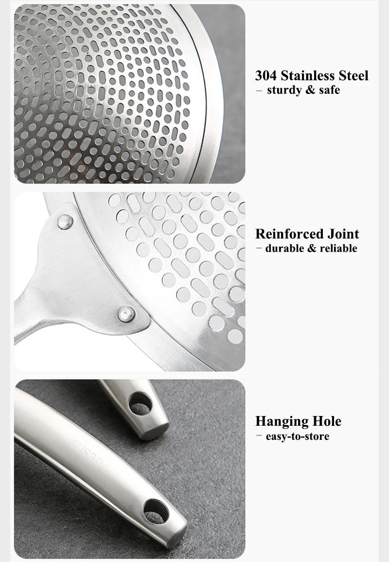 Description Picture 3 of item304 Stainless Steel Skimmer Strainer Colander Mesh Deep Fryer Oil Frying Scoop Noodles Dumpling Sieve Kitchen Tools Kitchenware