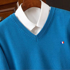 MVLYFLRT 100% Pure Merino Wool Sweater Men's V-Neck Pullover Tops Autumn Winter Solid Color Sweater Versatile Basic
