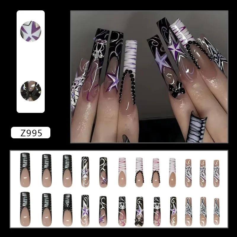 Description Picture 2 of item24Pcs Sweet Cool Spice Girl Press on Nails Black French Bow False Nails Y2k Star Glitter Diamond Nail Long Square Gel Fake Nails