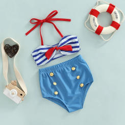 Baby Girl Swimwear 2 Pcs Set Summer Hanging Neck Striped Tops Elastic Waist Button Shorts