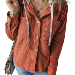 2024 Autumn and Winter New Lapel Buckle Cardigan Pocket Hooded Drawstring Striped Jacket Women Winter Jacket Women