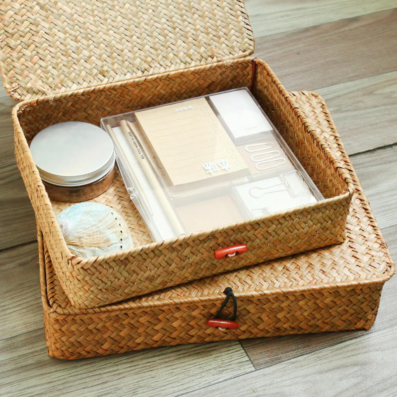 Description Picture 3 of item2 Pcs Seagrass Baskets with Lid Wicker Storage Basket Flat Rattan Storage Bins Woven Organizer Basket for Shelf, Closet, Bedroom