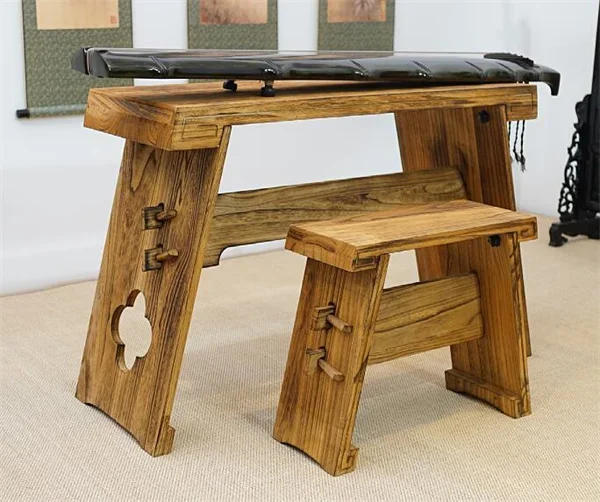 Description Picture 6 of itemAntique Guqin Table With Bench Solid Wood Paulownia Gu Qin Stand Resonance Box Portable Chinese Sinology Desk Tea Table