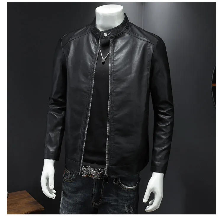 Description Picture 5 of item2024 Autumn Leather Jacket Men Stand Collar Slim Pu Leather Jacket Fashion Motorcycle Causal Coat Mens Moto Biker Leather Coat