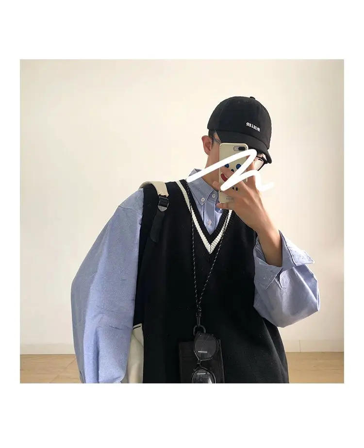 Description Picture 5 of itemSweater Vest Men Spring V-neck Japanese Vintage Striped College Knitted Fashion Loose All-match Sleeveless Simple Clothing B272