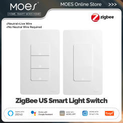 MOES Tuya ZigBee Smart Light Switch US Push Button Wall Switch Work With Alexa Google Home Neutral Wire/No Neutral Wire Required