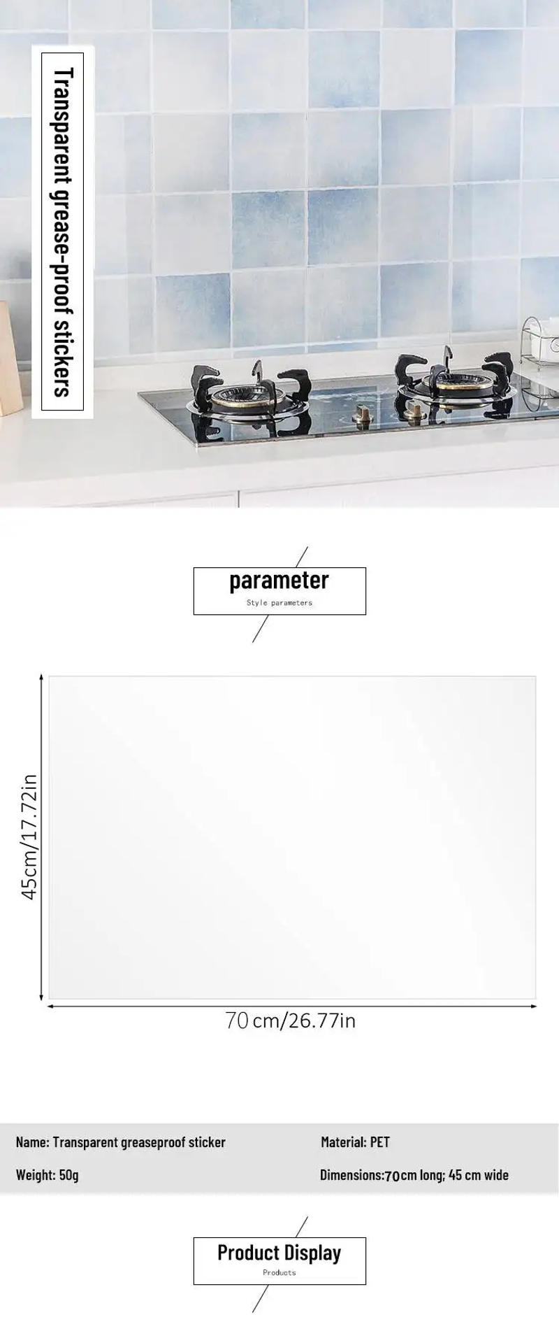 Description Picture 2 of item1Pc 70x45cm Kitchen Oil Proof Wall Sticker Heat-resistant Wallpaper Clear Self Adhesive Film Waterproof Paper Home Decoration