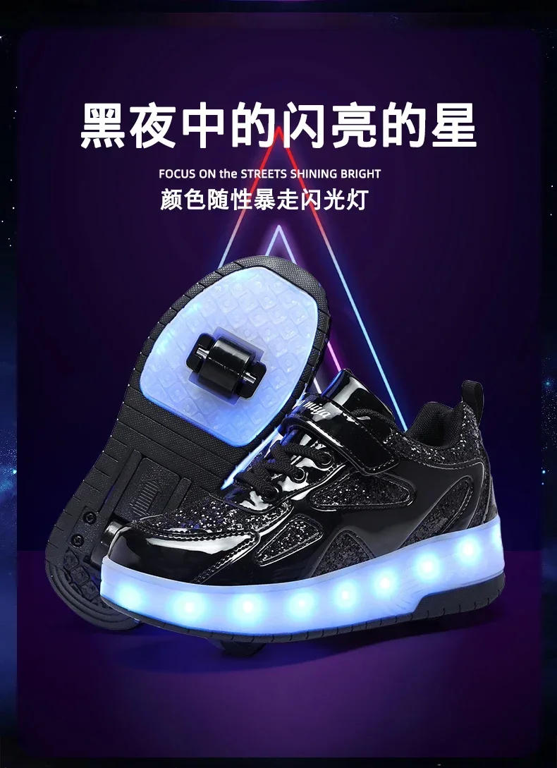 Description Picture 4 of itemChildren’s Two Wheels Luminous Glowing Sneakers Heels Pink Led Light Roller Skate Shoes Kids Led Shoes Boys Girls USB Charging