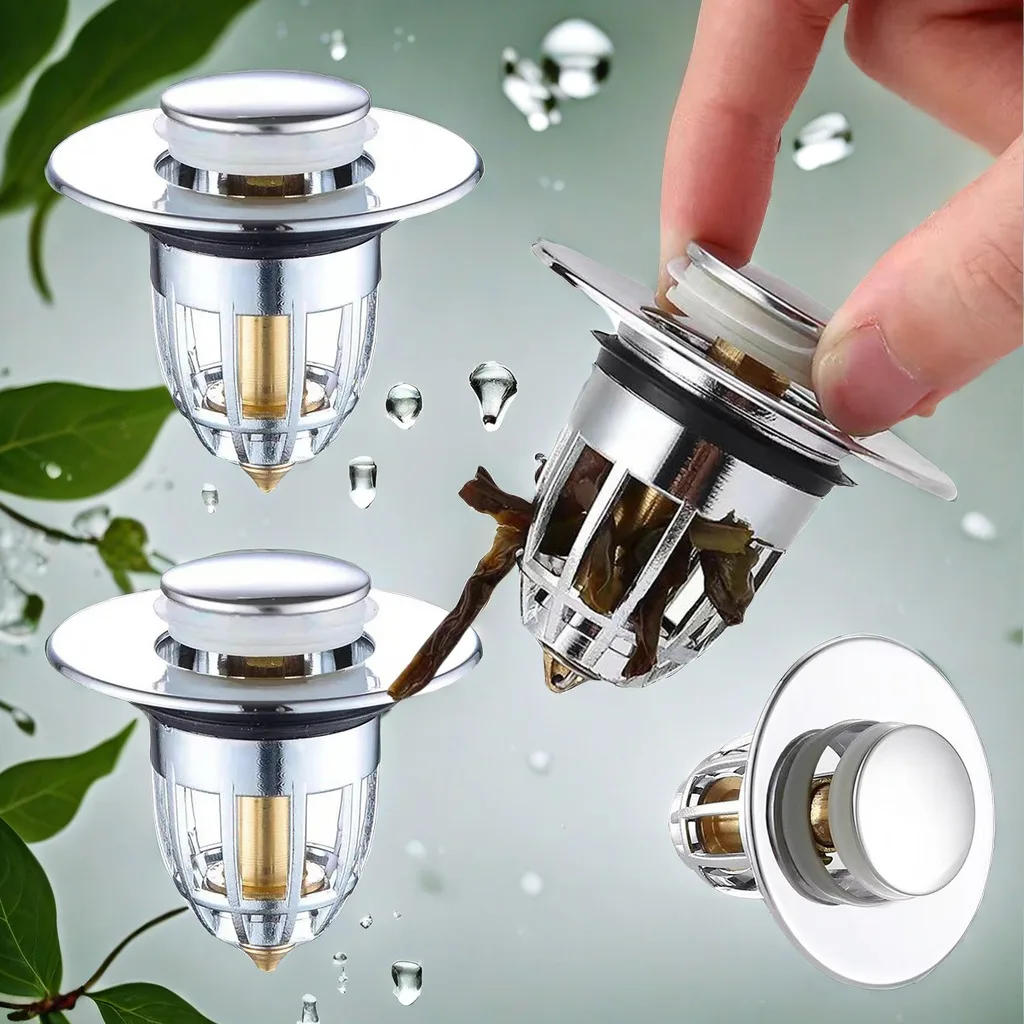 Description Picture 5 of itemUniversal Rebound Drain Plug Filter Basin Pop-up Chrome Sink Filter with Hair Catcher Bathroom Sink Drain Stopper Easy Push Type
