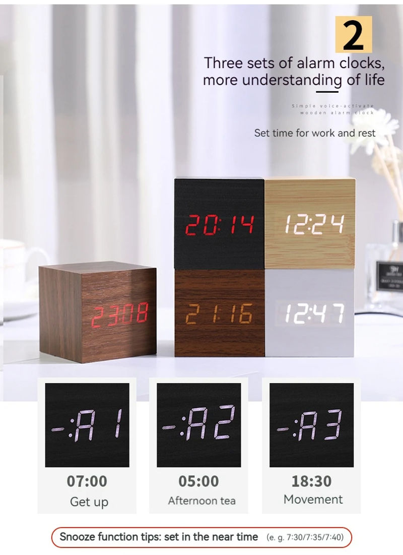 Description Picture 4 of itemWooden Digital Alarm Clock with Temperature Cube, Art Ornaments, Decoration Supplies, USB/AAA Powered, Electronic Desktop Clocks