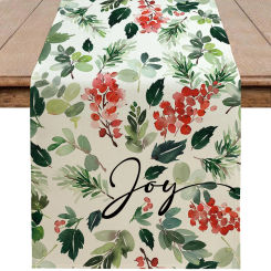 1pc Winter Floral Table Runner Christmas Ambiance Red Green Plant Pattern Table Decor For Winter Christmas Party Kitchen Decor