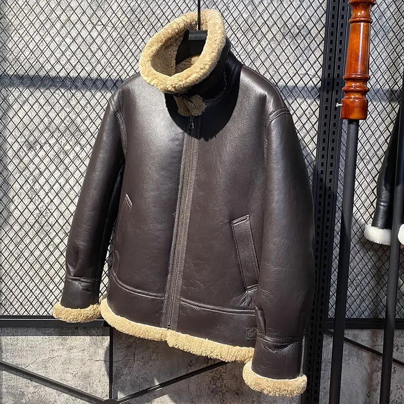 Description Picture 4 of itemDesigner Clothes Men Genuine Leather Coat Natural Sheepskin Shearling Jacket for Male Pilot Outfit Wool Liner Brown 60 62 64 66