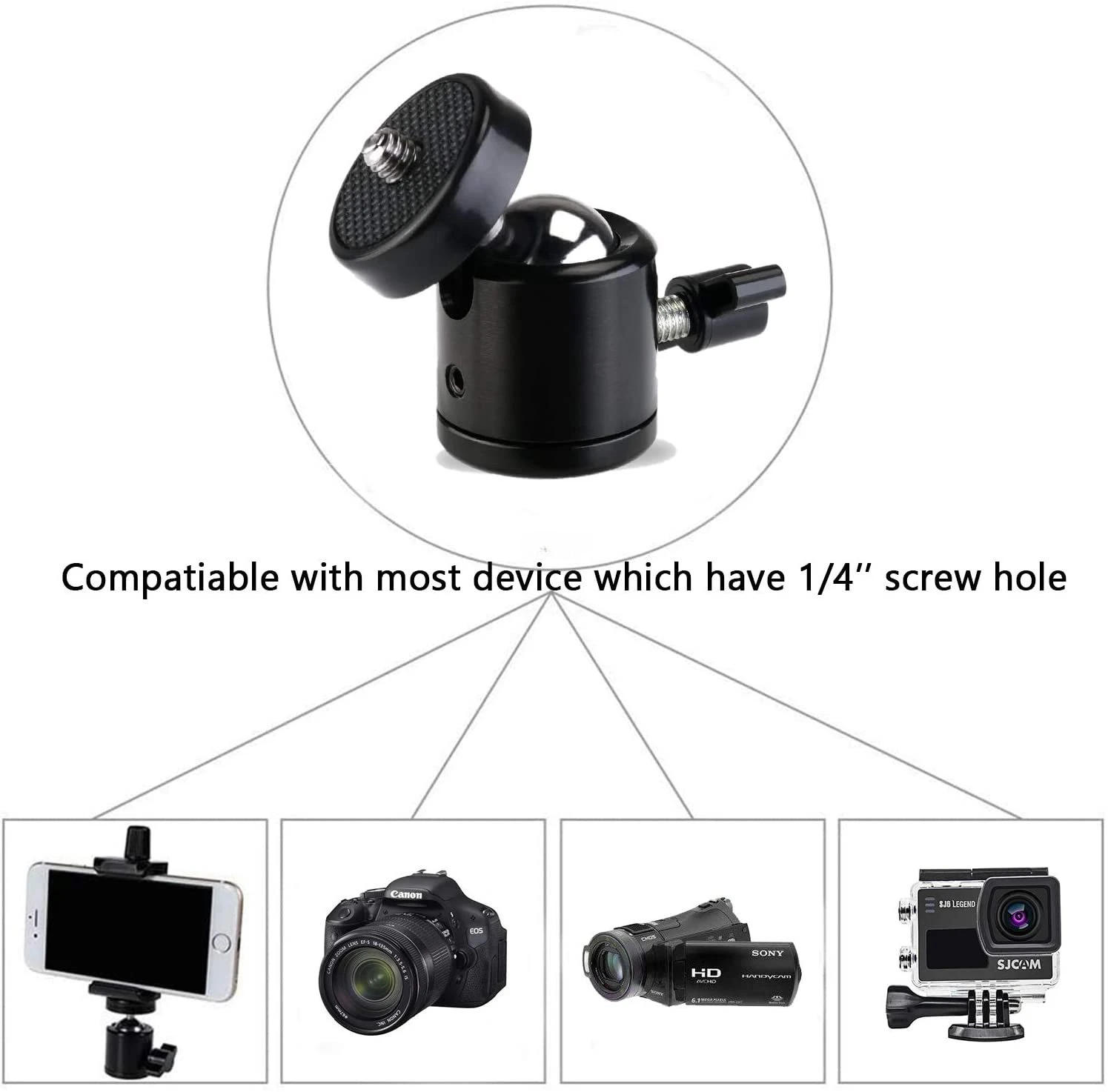Description Picture 4 of item1/4" Metal Ball Head Screw Tripod Mount 360 Rotating Mount Base Adapter for DSLR Camera Tripod Monopod Camcorder Light Stand