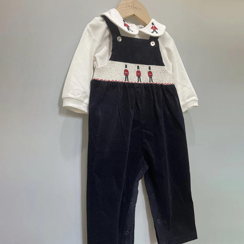 Description Picture 6 of itemBaby Boy Christmas Set Suspenders Outfit Navy Blue Soldier Embroidered Corduroy Trousers British Jumpsuit Cut Children Boutique