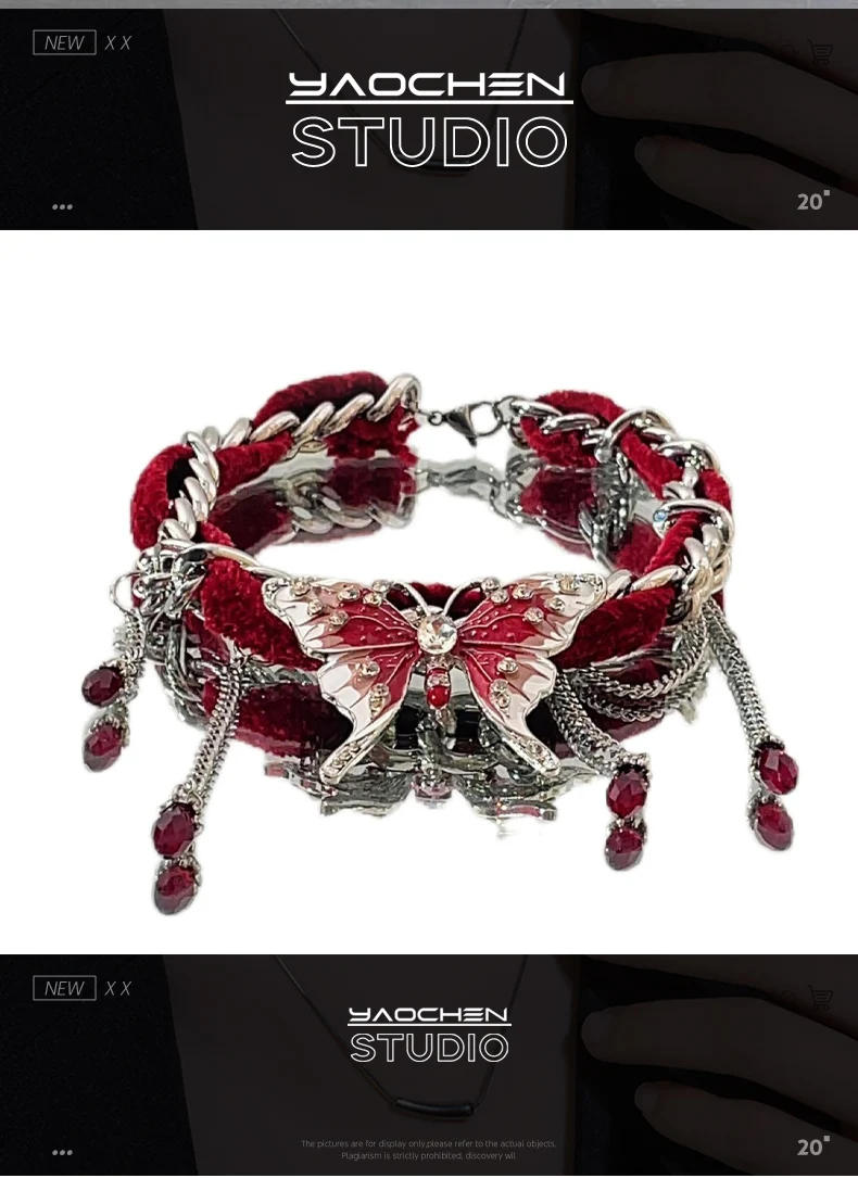 Description Picture 3 of itemNew Chinese niche personality exaggerated red velvet butterfly fringed necklace neck chain choker collarbone chain jewelry women