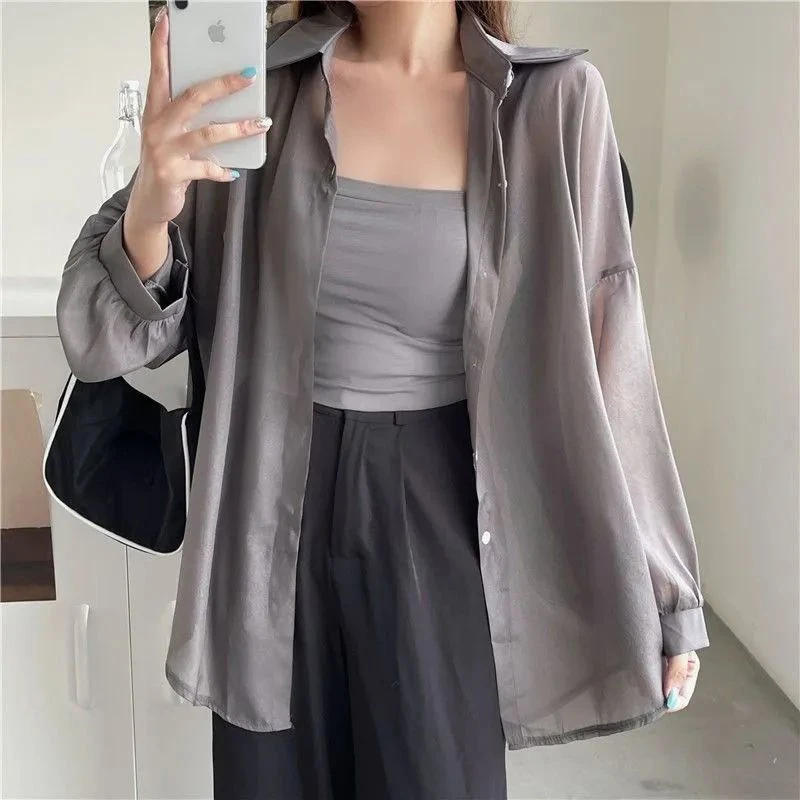 Description Picture 2 of itemWomen Shirt Long Sleeve Top Blouse Female Chiffon Loose Summer Cardigan Thin Sexy Solid Color Casual Shirt Outerwear Прозрачная