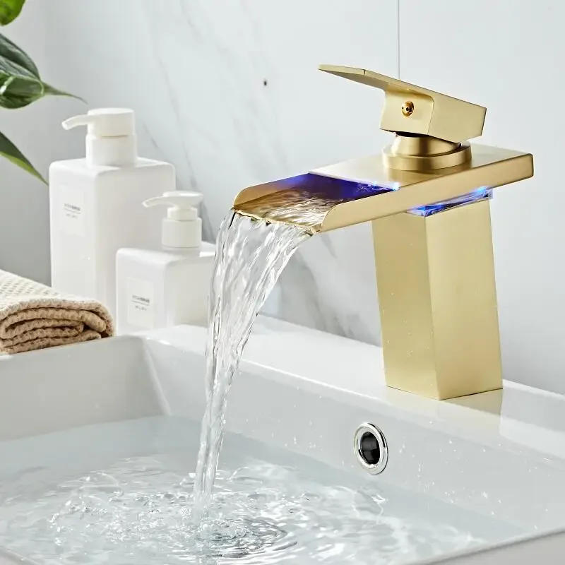 Description Picture 6 of itemBathroom Waterfall Faucet LED Faucet Brushed Gold Brass Basin  Bathroom Mixer Tap Deck Mounted Basin Sink Mixer Tap