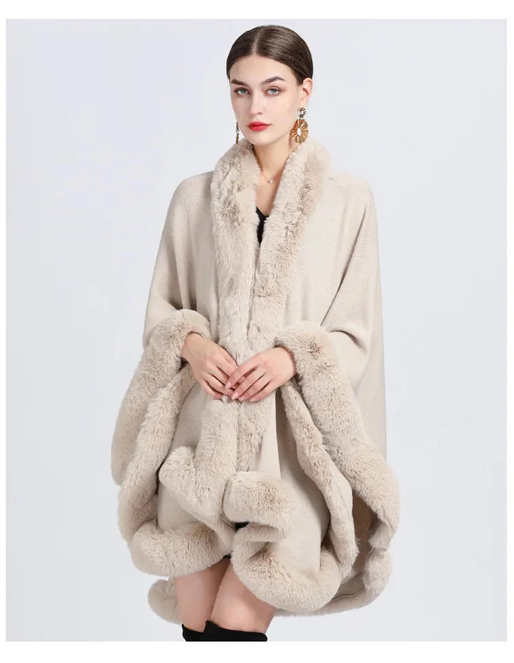 Description Picture 5 of itemSolid Women Winter Thick Warm Loose Poncho Big Pendulum Cape Faux Fur Collar Long Cloak Outstreet Wear Beige Coat