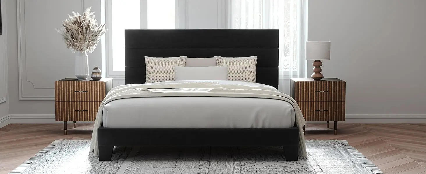 Description Picture 4 of itemKing Size Navy Blue Platform Bed Frame with Fabric Upholstered Headboard and Wooden Slats Support, Fully Upholstered Mattress