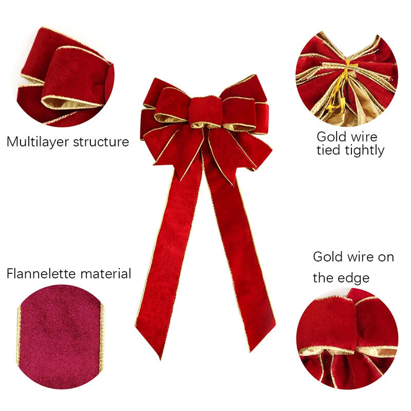 Description Picture 3 of itemChristmas Bows Outdoor Decorations Large Christmas Tree Topper Velvet Bow with Glitter Gold Edge for Xmas Home Door Wall Decor