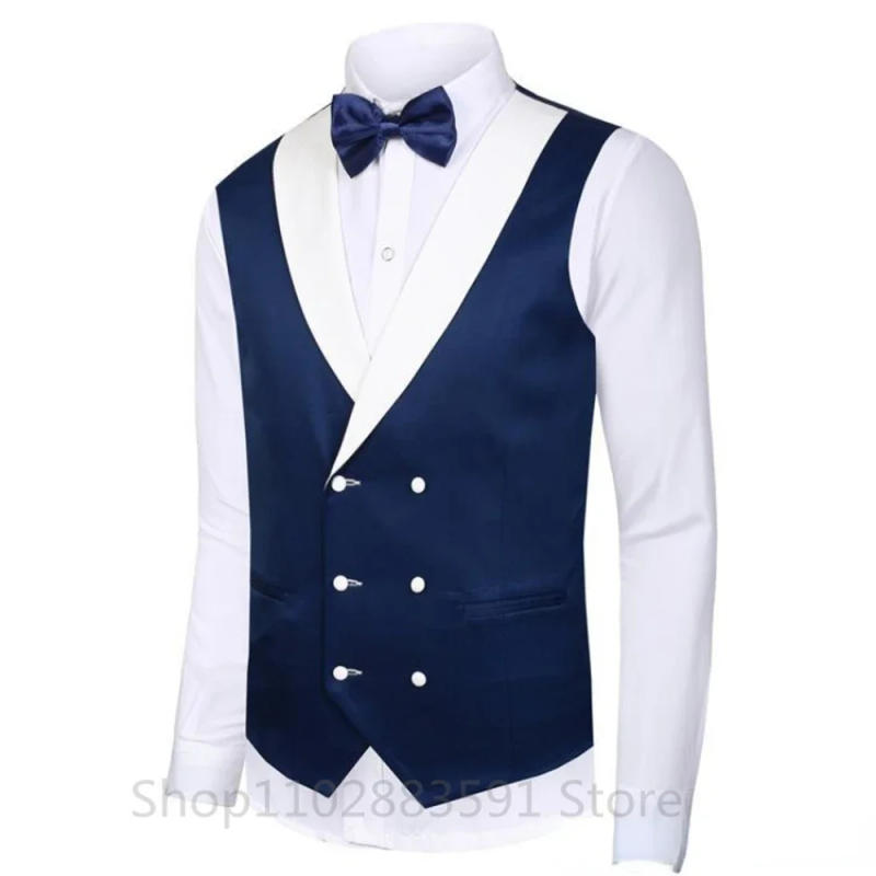 Description Picture 6 of item3 Pieces Blue Splicing Men‘s Suits White Shawl Lapel Casual Tuxedos Suits Men (Blazer+Vest+Pants) For Wedding Groomsmen 2024