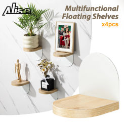 4Pcs Wooden Wall Shelves Small Floating Shelves for Wall Self Adhesive Modern Home Decor, Plant Decorative Metal Brackets