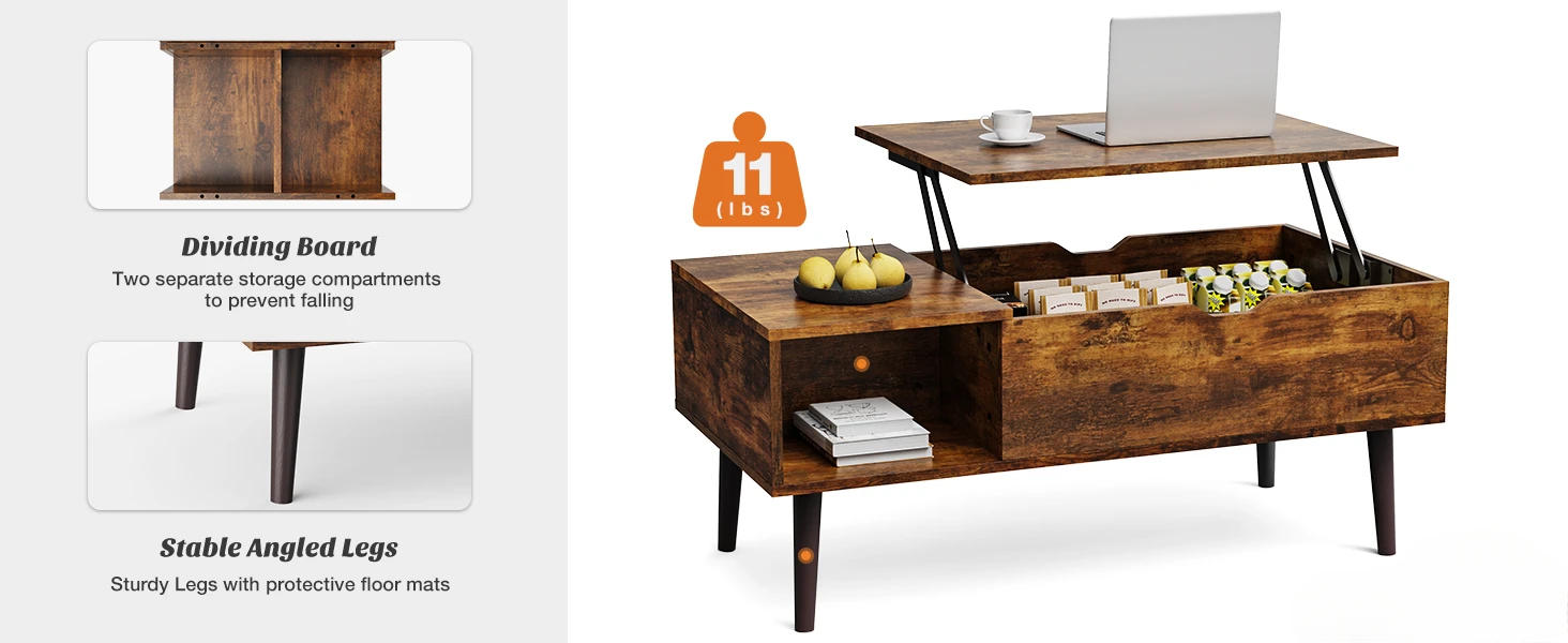 Description Picture 6 of itemCoffee Table Brown,Lift Top CoffeeTables for Living Room,Small Rising Wooden Dining Center Tables with Hidden Compartment