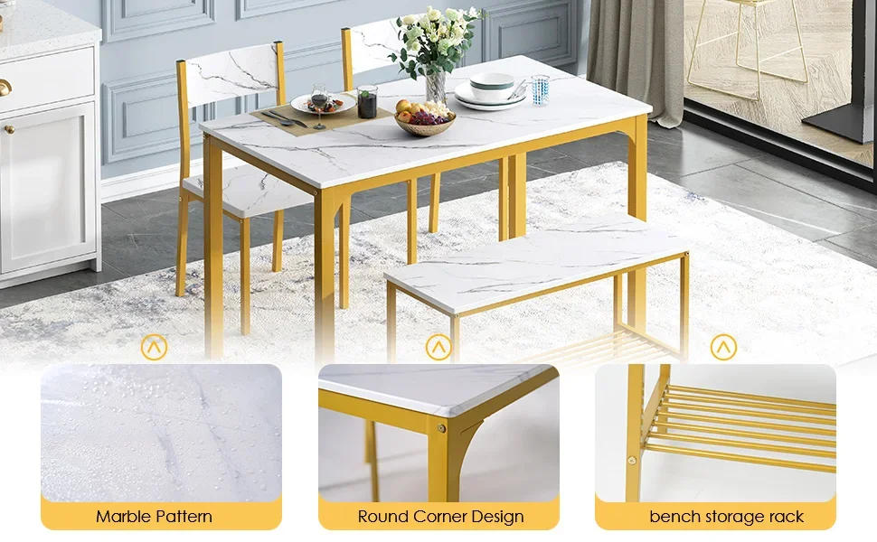 Description Picture 6 of item4-person Dining Table Set, 43.3-inch Kitchen Dining Table Set, 2-person Bench Dining Room Set with Storage Rack