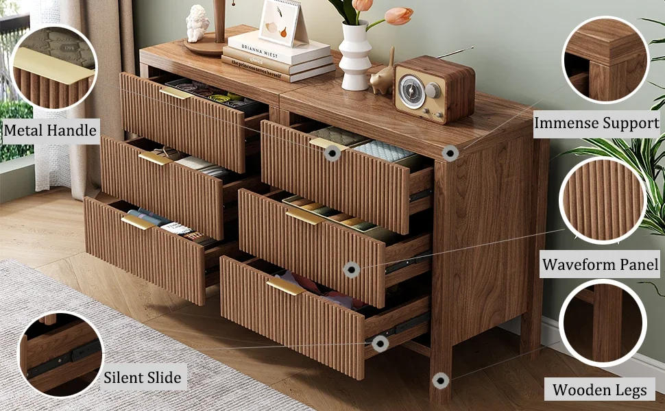 Description Picture 3 of itemFluted Nightstands Set of 2,Wooden Farmhouse Night Stands with 6 Drawer Bedside Table - Boho  End Table Accent Table for Bedroom