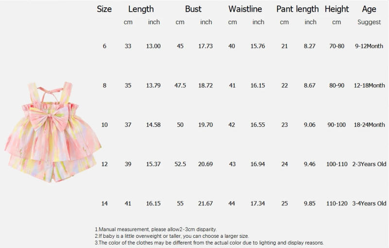 Description Picture 2 of itemSummer Casual Beach Costumes for Baby Bow Suspender Top with Shorts Colorful Tie Dye Cotton Suit 2 Piece Baby Girl Wear