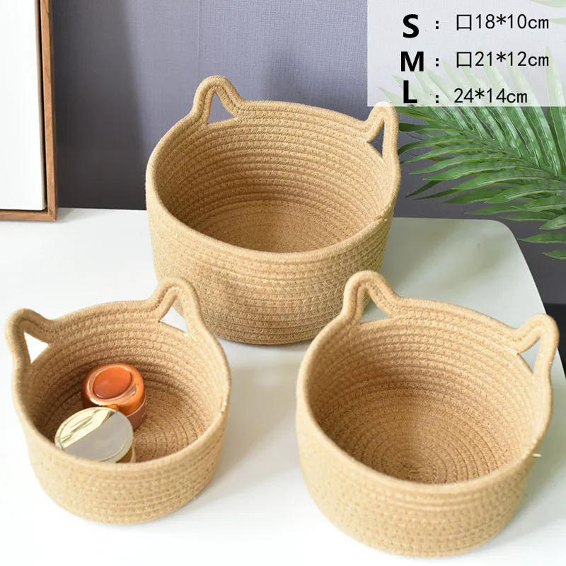 Description Picture 2 of itemCat's ear Nordic Cotton Rope Storage Baskets Woven Desktop Sundries Kids Toys Organizer Box Dirty Clothes Laundry Basket Hamper