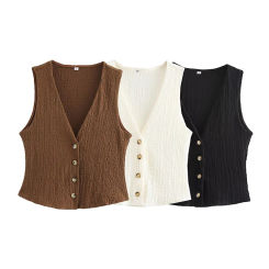 ZAJIA2002 new women's European and American style textured sleeveless single-breasted cardigan v-neck vest top