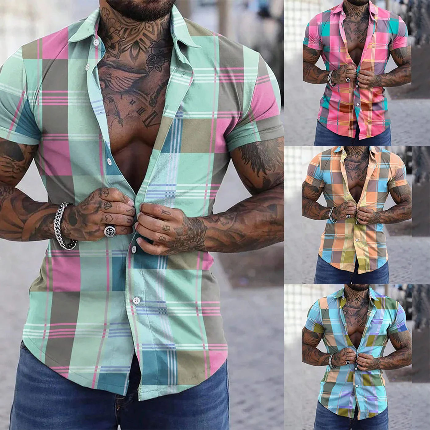 Description Picture 2 of itemShirts Blouse Beach Party Breathable Button Down Casual Collared Plaid Quick-drying Short Sleeve Skin-friendly