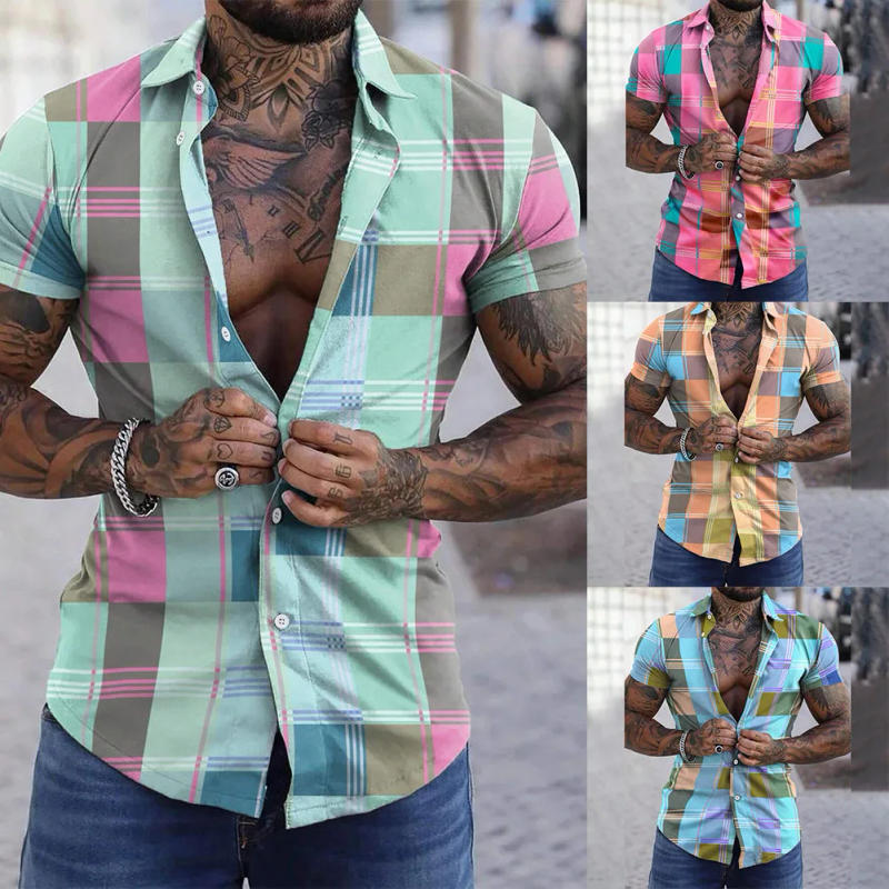 Description Picture 2 of itemShirts Blouse Beach Party Breathable Button Down Casual Collared Plaid Quick-drying Short Sleeve Skin-friendly