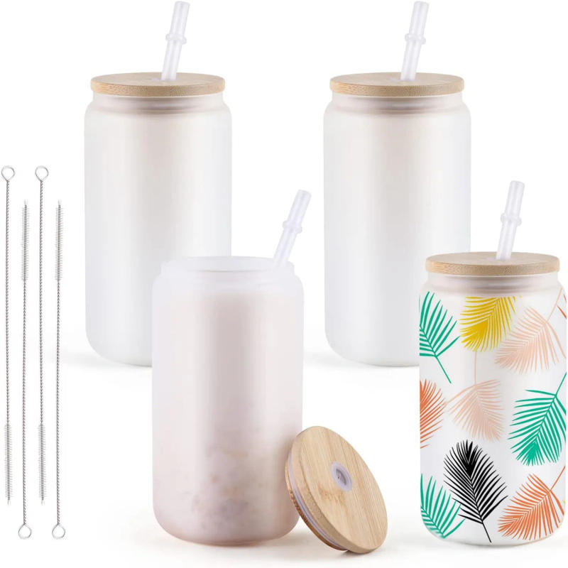 Description Picture 2 of itemHTVRONT 4/8 Pack 16OZ Clear/Frosted Glass Sublimation Tumblers with Bamboo Lid Sublimate Tumbler Blanks DIY for Iced Coffee Cups