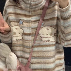 Y2k Aesthetic Japanese Knit Cardigan Kawaii Dog Embroidery Harajuku  Femme Striped Preppy Autumn Zipper y Womens