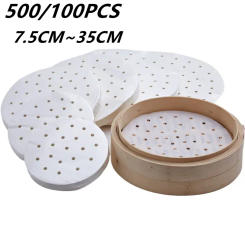 500/100 pcs Air Fryer Steamer Liners Premium Perforated Wood Pulp Papers Non-Stick Steaming Basket Mat Baking Cooking Tool