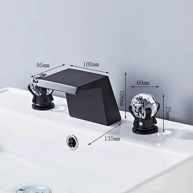 Description Picture 2 of itemTuqiu Luxury Brushed Gold Bathroom Faucet Brass Widespread Basin Sink 3 Hole Hot Cold Black  Water Tap