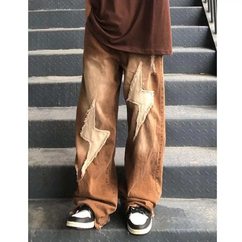 Description Picture 5 of itemAmerican retro trendy men and women personality hip hop lightning straight leg jeans spring street loose wide leg casual pants