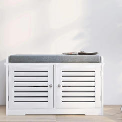 Shoe Storage Benches White Shoe Rack Bench with 2 Doors & Padded Seat Cushion in Grey Shoe Cabinet Entryway Bench