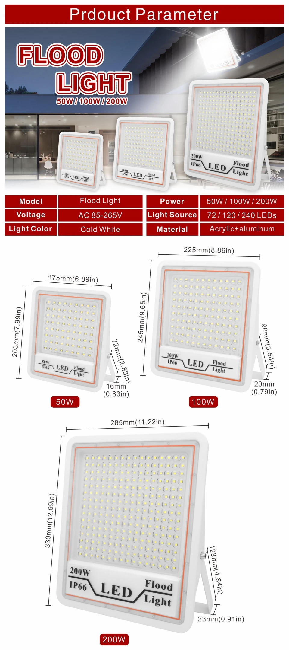 Description Picture 2 of item200W 100W 50W Refletor Led LED Flood Light 110V 220V Outdoor Lighting IP66 Waterproof 85-265V Floodlight Spotlight Garden Lights