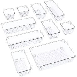 10-Piece Clear Plastic Drawer Organizers Set,Makeup, Kitchen Gadgets, Office Supplies - 4 Sizes Included