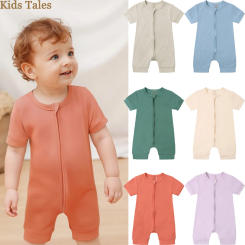 2025 Summer 0-24M Baby Rompers Solid Bamboo Fiber Short Sleeve Newborn Jumpsuits Infant Ribbed Bodysuit Toddler Sleeper Pajamas