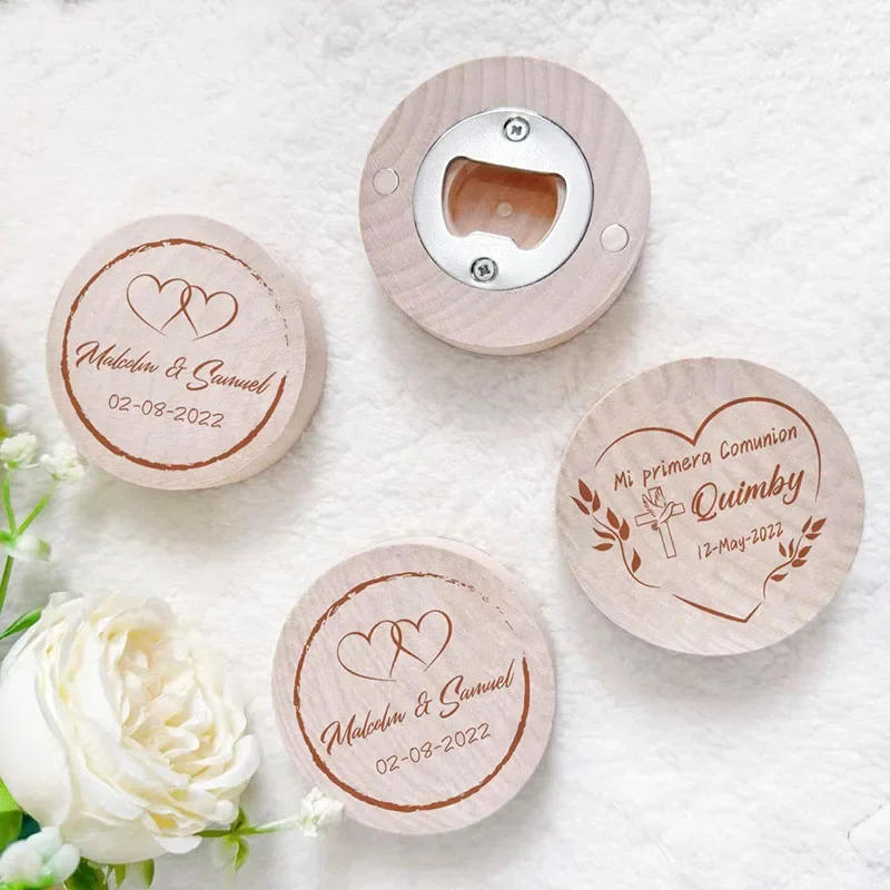 Description Picture 4 of itemPersonalised Wooden Bottle Opener Engraved Magnetic Wooden Round Opener Bridesmaid Wedding Favors Custom Baptism Christmas Gift