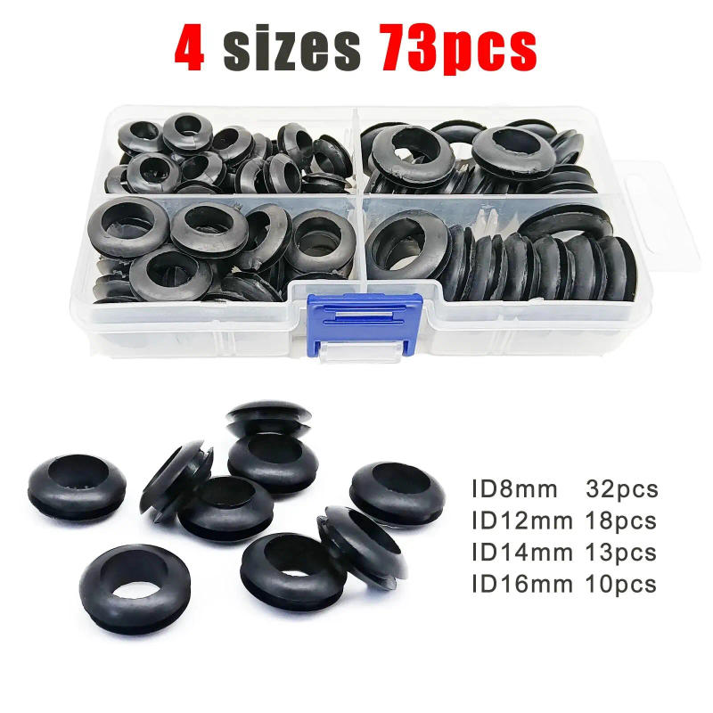 Description Picture 3 of item73pcs/box Mix ID 8/12/14/16mm Wire Cable Protect Rubber O Ring Oil Sealing Grommet Gasket Hole Shim Washer Black Double Face