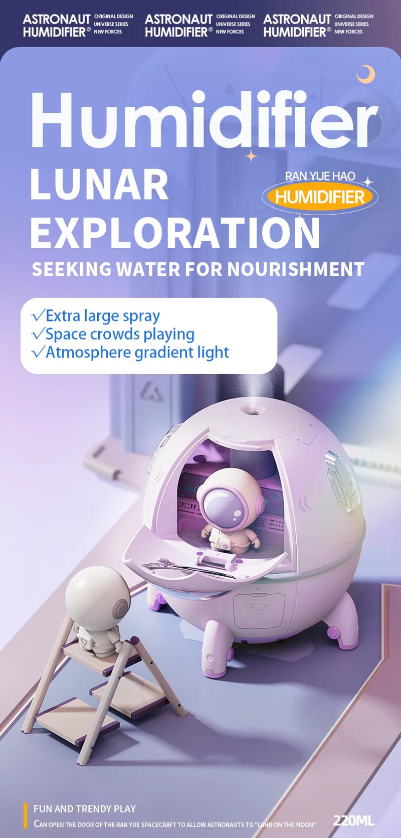 Description Picture 2 of item220mL Space Capsule Air Humidifier USB Plug in Rechargeable Mist Aromatherapy Water Diffuser 7 Colors Atmosphere Light