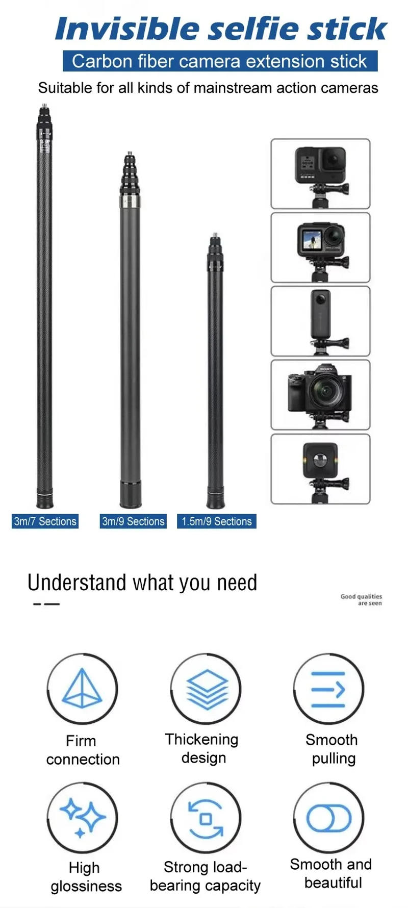 Description Picture 2 of item3M Carbon Fiber Scalable Monopod  Extended Edition Invisible Selfie Stick For Insta360 X3 X2 For Go Pro 9 10 11 12 Stick Tripod