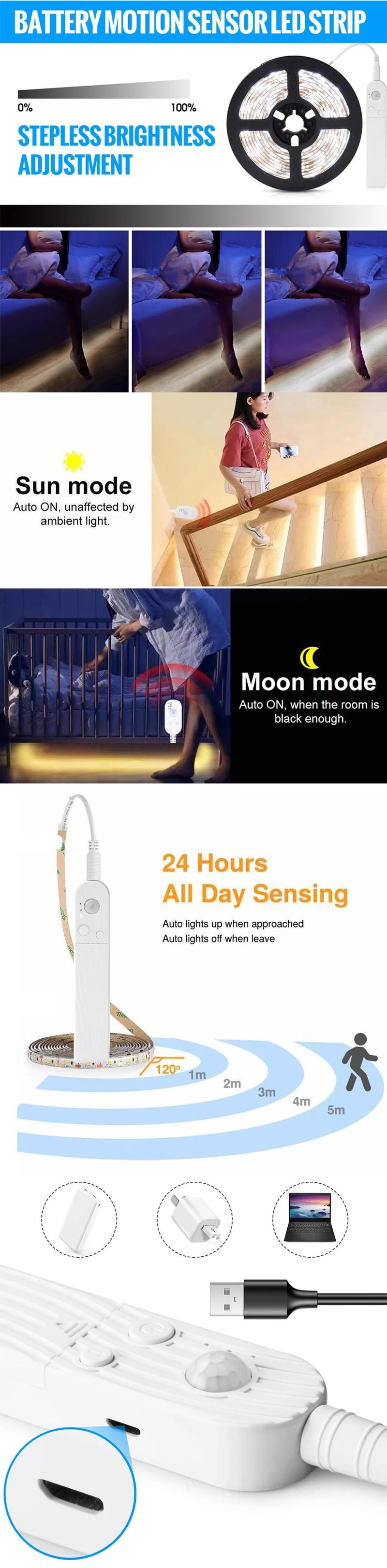 Description Picture 3 of itemLED Under Cabinet Lights PIR Motion Sensor Dimmable Light Strip Wireless Waterproof USB Rechargeable Lamp for Wardrobe Stairway