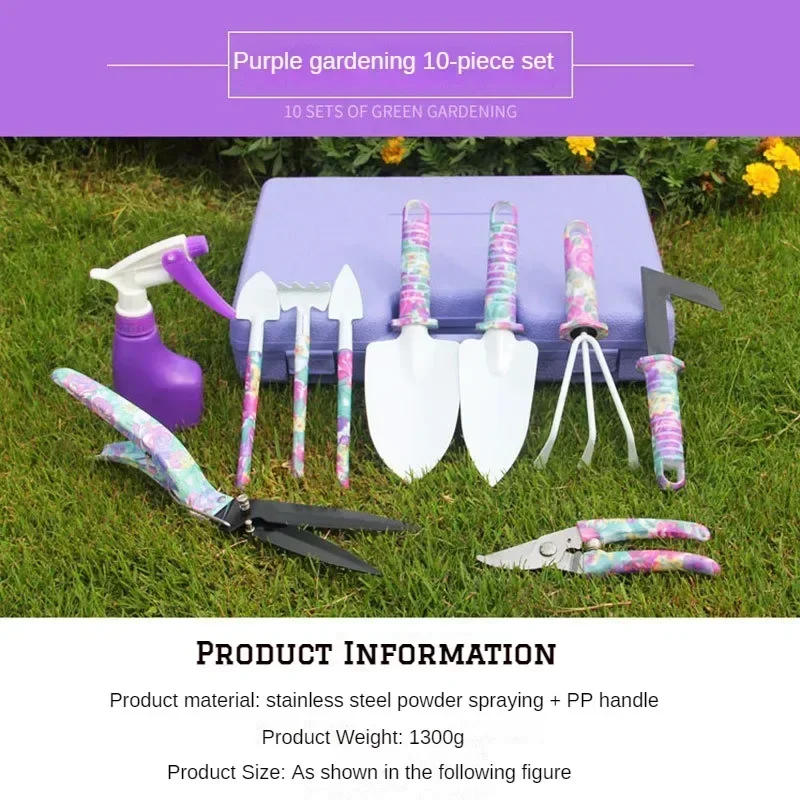 Description Picture 2 of item5/10pcs Garden Tool Set Gardening Tools Gift Kit Non-Slip Handle with Anti-Rust Trowel Cultivator Pruning Shear Water Sprayer