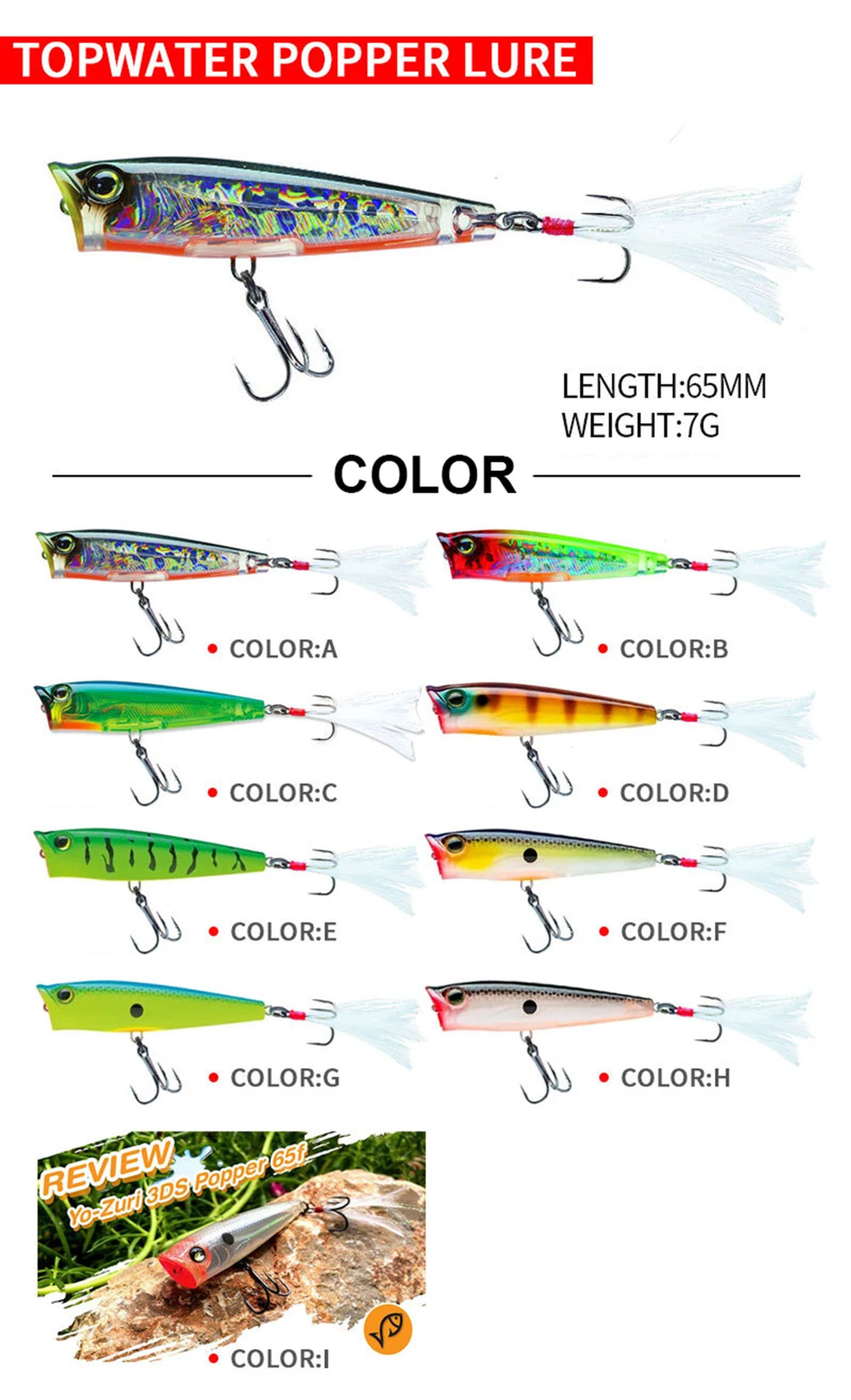 Description Picture 3 of item6.5cm 7g Fishing Lure Popper Wobbler Lure Long Casting Floating Topwater Artificial Hard Bait Jerkbait For Trout Bass Carp Bait
